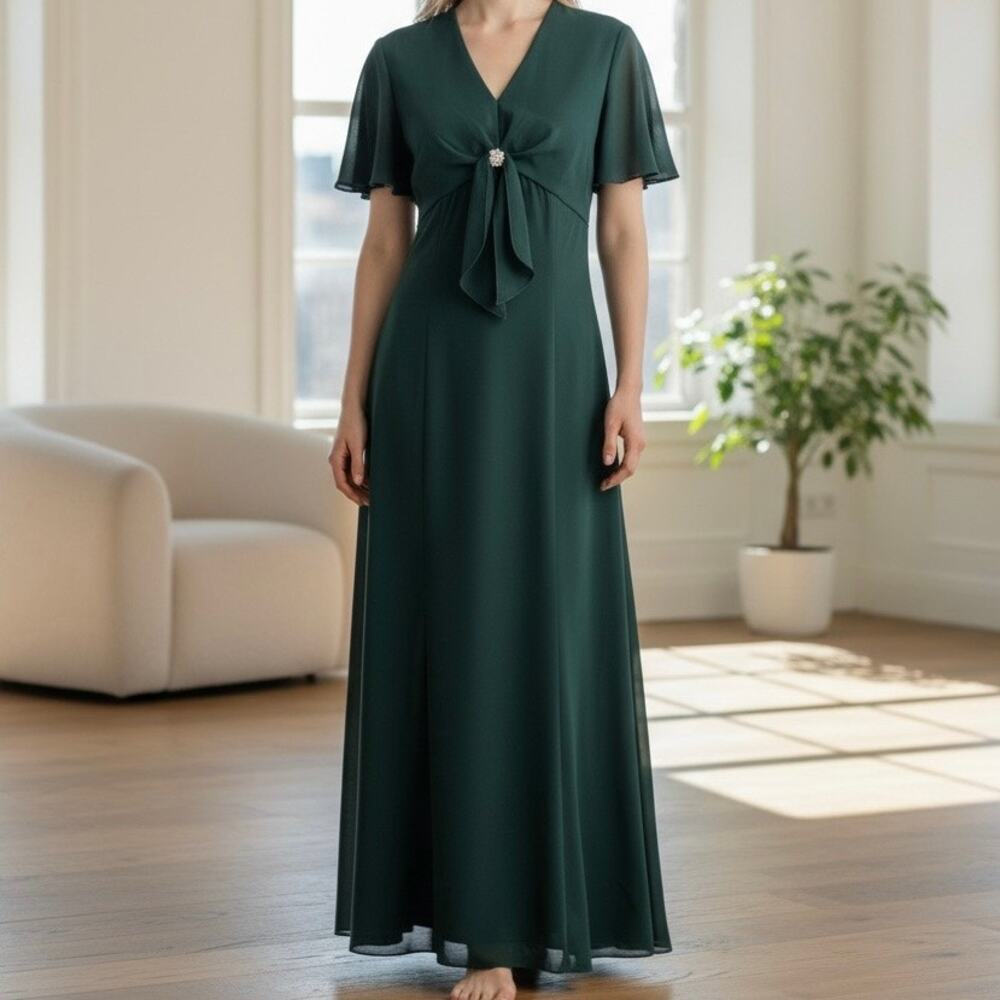 Vintage Knot Front Flutter Sleeve Maxi Dress Women's 11/12 Green Union Made